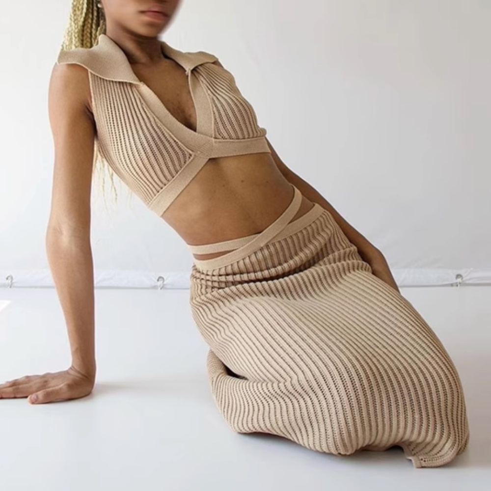 NWT RUVE PIJEO Knit Midi Skirt - Tan/Beige Waist Belt